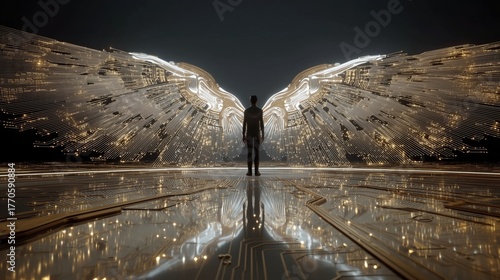 Man standing before giant AI Artificial Intelligence intricate metallic wings bathed in ethereal light a powerful and symbolic representation of aspiration and freedom