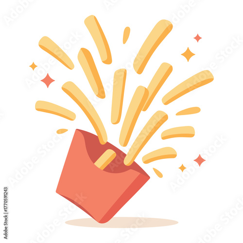 Cartoon French fries bursting from a red box. Fun fast food illustration in flat vector style isolated on white background. Delicious American food.