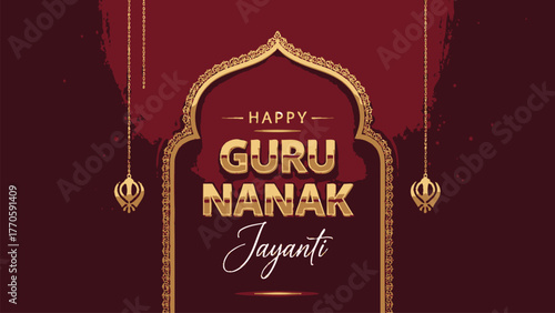 Guru Nanak Jayanti Greeting Vector – Ornate Maroon Festival Card for Sikh Celebration