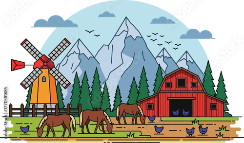 Idyllic countryside farm scene with horses, chickens, windmill, and barn against majestic mountains.
