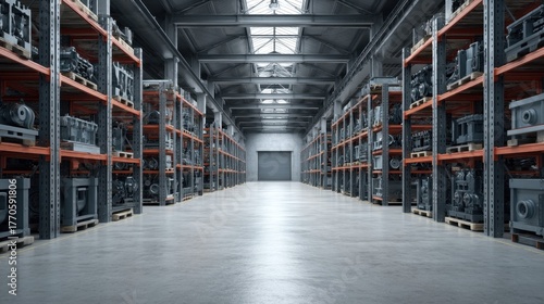 Wallpaper Mural Empty industrial warehouse with high shelving units filled with machinery parts and bright overhead lighting casting shadows on concrete floor Torontodigital.ca