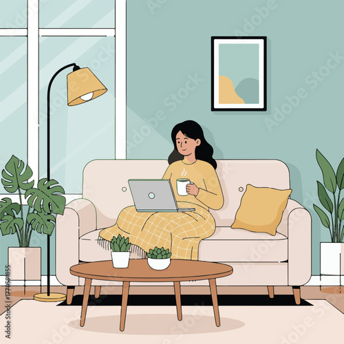 Flat Illustration Girl Working From Home Cozy Living Room Scene