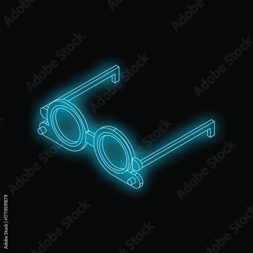 Neon icon of round glasses glowing on a black background, representing concepts such as vision correction, fashion and style