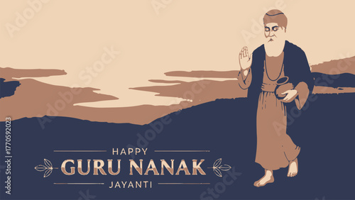 Guru Nanak Jayanti Vector – Serene Blessing Scene for Sikh Festival and Spiritual Art