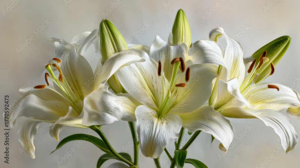 Fototapeta premium Elegant white lilies with delicate petals and green buds blooming against a soft, neutral background highlighting natural floral beauty and grace