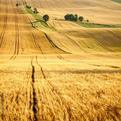 Golden wheat field with tractor tracks under a sunny sky.