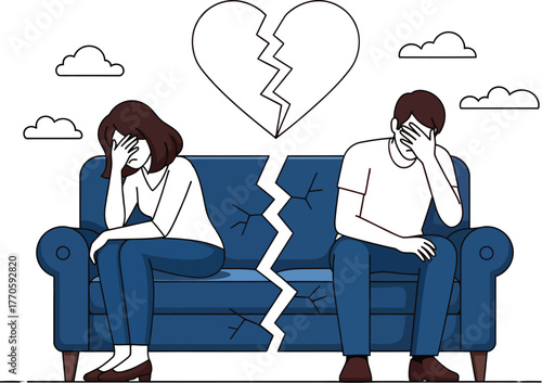 Couple sitting apart on a couch with a broken heart above, symbolizing relationship problems and emotional distance.