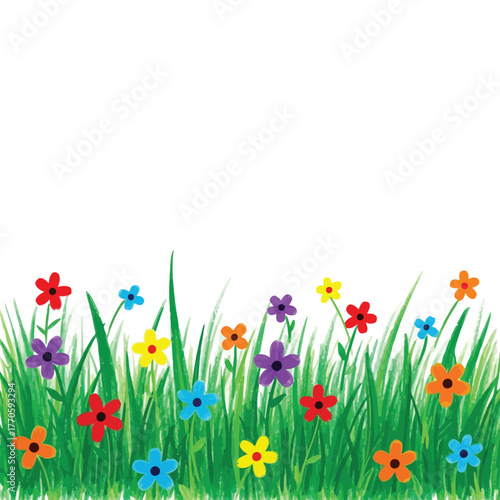 Vector illustration of charming illustration of a green meadow with colorful wildflowers and blades of grass