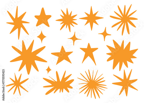 A large set of hand-drawn yellow stars. Doodle stars.
