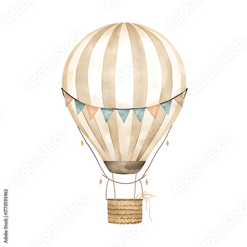 Soft watercolor illustration depicts a vintage hot air balloon featuring beige and white stripes, a wicker basket, and pastel pennant flags.