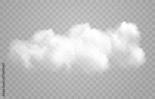 White vector realistic cloud set. Vector weather element on png background. Cloud texture, nature sky or foggy nature illustration isolated on transparent background.