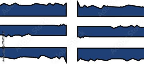 Abstract graphic of six horizontal blue bars with jagged edges against a white background