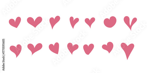 A row of pink hearts, pink hearts in a row, various pink heart designs, simple pink heart patterns. Valentine's Day elements vector set