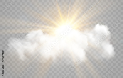 Vector realistic sunny-cloudy sky. Sunlight and cloud texture, nature sky. Vector weather element on png background. Glow light effect with cloud, smoke, fog. Isolated on transparent background.