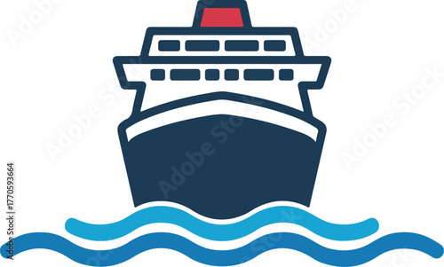 Front view vector illustration of a passenger cruise ship sailing on blue ocean waves