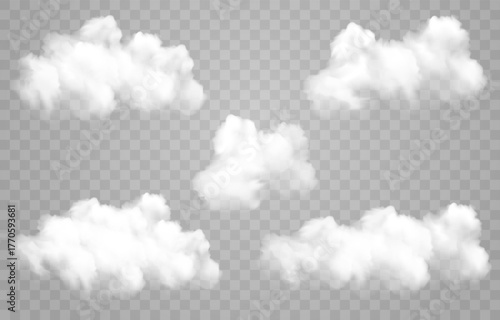 White vector realistic cloud set. Vector weather element on png background. Cloud texture, nature sky or foggy nature illustration isolated on transparent background.
