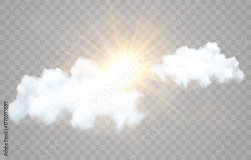 Vector realistic sunny-cloudy sky. Sunlight and cloud texture, nature sky. Vector weather element on png background. Glow light effect with cloud, smoke, fog. Isolated on transparent background.