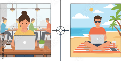Stylized Freelance Lifestyle Choice Comparison Working at Cafe and Beach Illustration