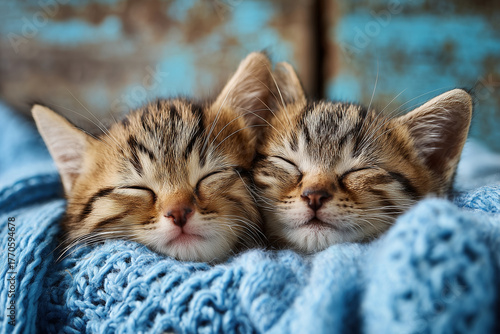 Two kittens sleeping together on blue knitted blanket