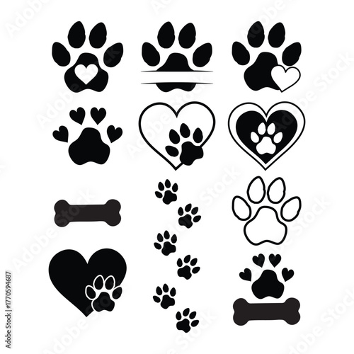 A collection of dog paw print vector icons with hearts and bones for pet lovers