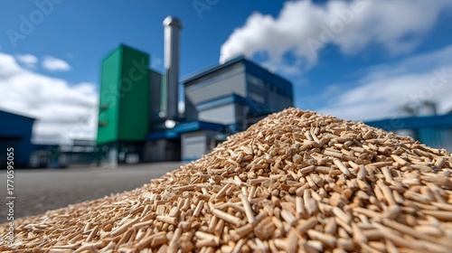 Closeup view of a large pile of biomass fuel pellets stored at an industrial renewable energy power plant facility