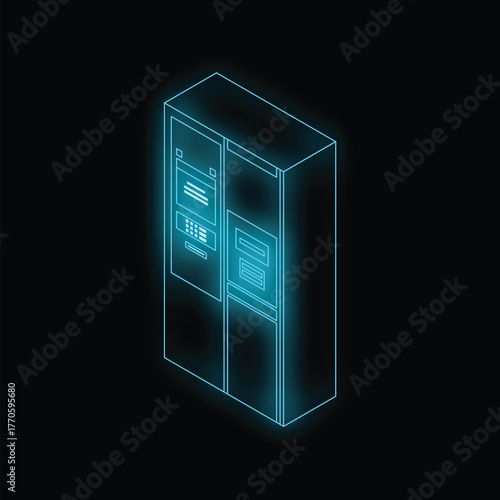 Neon glowing atm machine with a black background representing online banking and financial technology