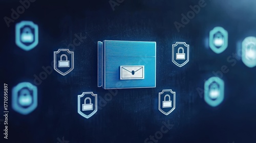 legal intellectual property paperwork concept. Digital security concept with locked icons surrounding a secure vault.