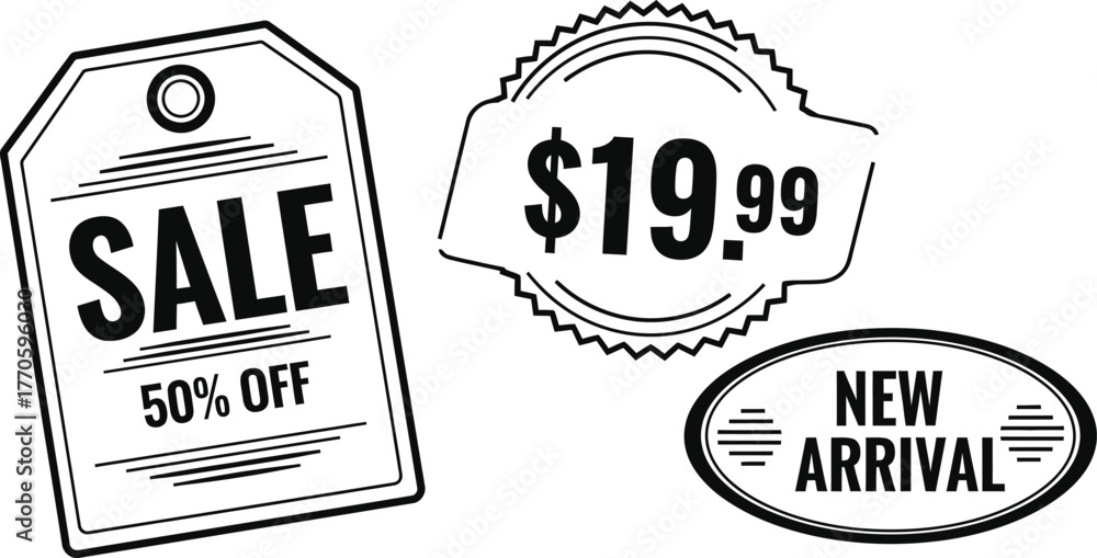 Obraz premium A collection of black and white sale tags featuring sale off and new arrival promotions and price