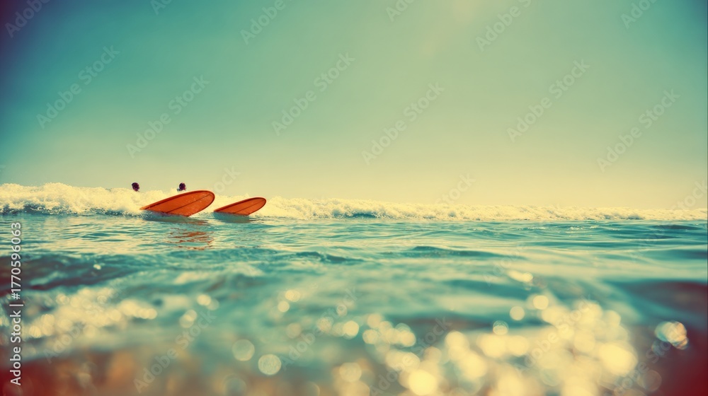 Fototapeta premium Two Paddleboards Floating Tranquilly in the Ocean Waves on a Sunny Summer Day
