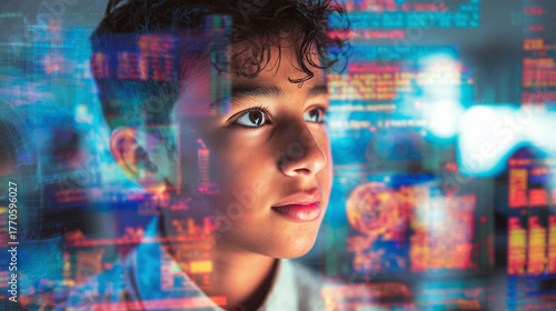 College student using virtual AI artificial intelligence technology & machine learning. Interactive technology in uni classroom. Innovation & smart tech. AI hologram in education & gaming. futuristic	