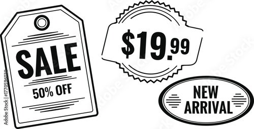 A collection of black and white sale tags featuring sale off and new arrival promotions and price