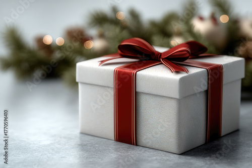 White gift box with red ribbon bow, festive holiday present, Christmas decoration, blurred pine branch background, joyful celebration