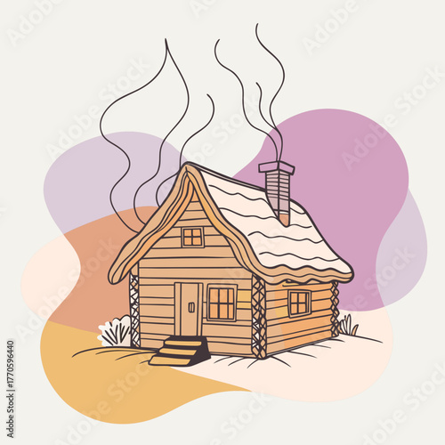 Illustration of a cozy cabin with smoke coming from the chimney