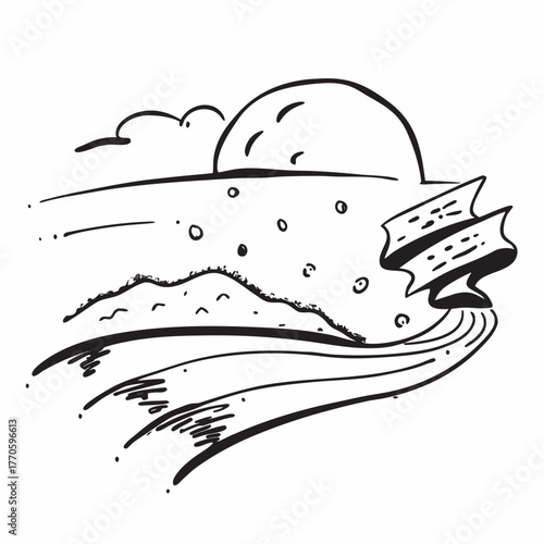 Monochrome sketch of a windy landscape with a river and a distant mountain