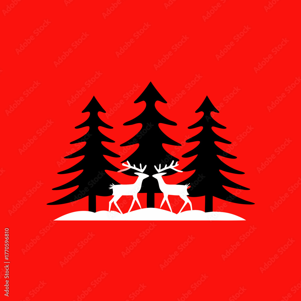 Fototapeta premium Two white reindeer stand in a snowy forest against a red background