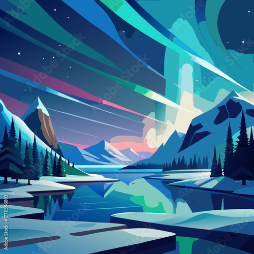 Vibrant aurora borealis illuminates a winter landscape with snowcovered mountains