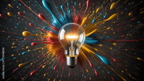 A glowing light bulb at the center of the image surrounded by a dramatic explosion of colorful paint splashes
