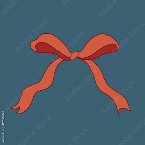 Red bow in flat doodle style. Hand-drawn trendy flat cartoon gift ribbon icon, elegant bow for Valentines Day, Christmas, and birthday. Vector illustration isolated on a dark blue background