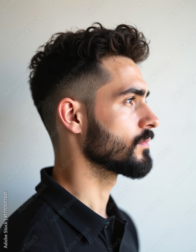 Fototapeta premium Profile photo of young man with dark hair and beard. Guy against light background. Modern portrait in casual shirt. Attractive face. Stylish look. Male beauty and grooming concept.