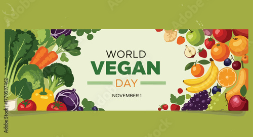 World vegan day celebration with fresh fruits and vegetables banner