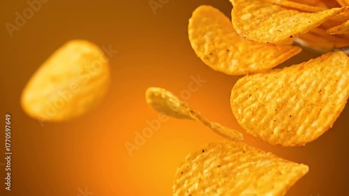 A close up of a bowl of chips with a yellow background. The chips are flying through the air