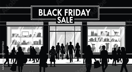 Black friday sale sign above store with silhouetted shoppers entering and browsing window displays outside