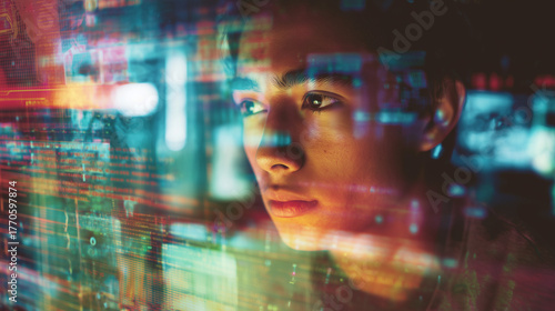 College student using virtual AI artificial intelligence technology & machine learning. Interactive technology in uni classroom. Innovation & smart tech. AI hologram in education & gaming. futuristic	