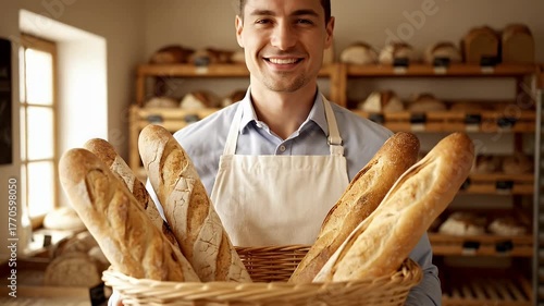 A man is smiling and holding a basket of bread in a bakery. The bakery is filled with various types of bread, and the man seems to be proud of his selection