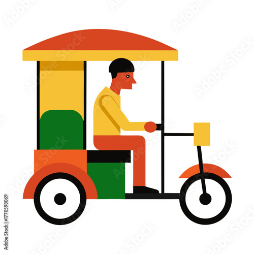 Stylized illustration of a driver operating a colorful three wheeled auto rickshaw silhouette isolated on white background