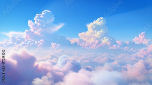 The sky is filled with fluffy white clouds, creating a serene and peaceful atmosphere. The clouds are scattered throughout the sky, with some closer to the top and others lower down