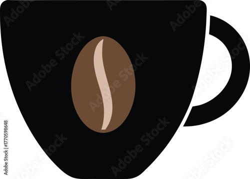 Black coffee cup with coffee bean design close up