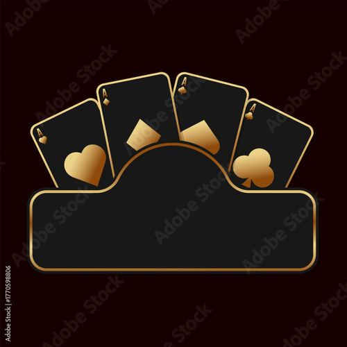 A black and gold sign with space for text and playing cards behind it. Design element for a casino flyer, invitation, business card, or VIP card.