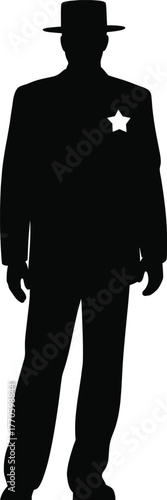 Vector silhouette illustration of sheriff in suit with wide-brimmed hat and badge for law enforcement, authority symbol, and justice concept design