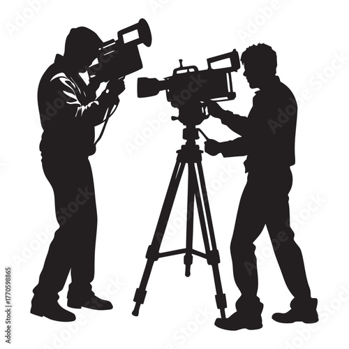 Silhouette of a cameraman and boom operator filming a scene with professional movie equipment